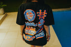 Streetwear T shirt with stacked HVT logos and colorful multi graphic layout
