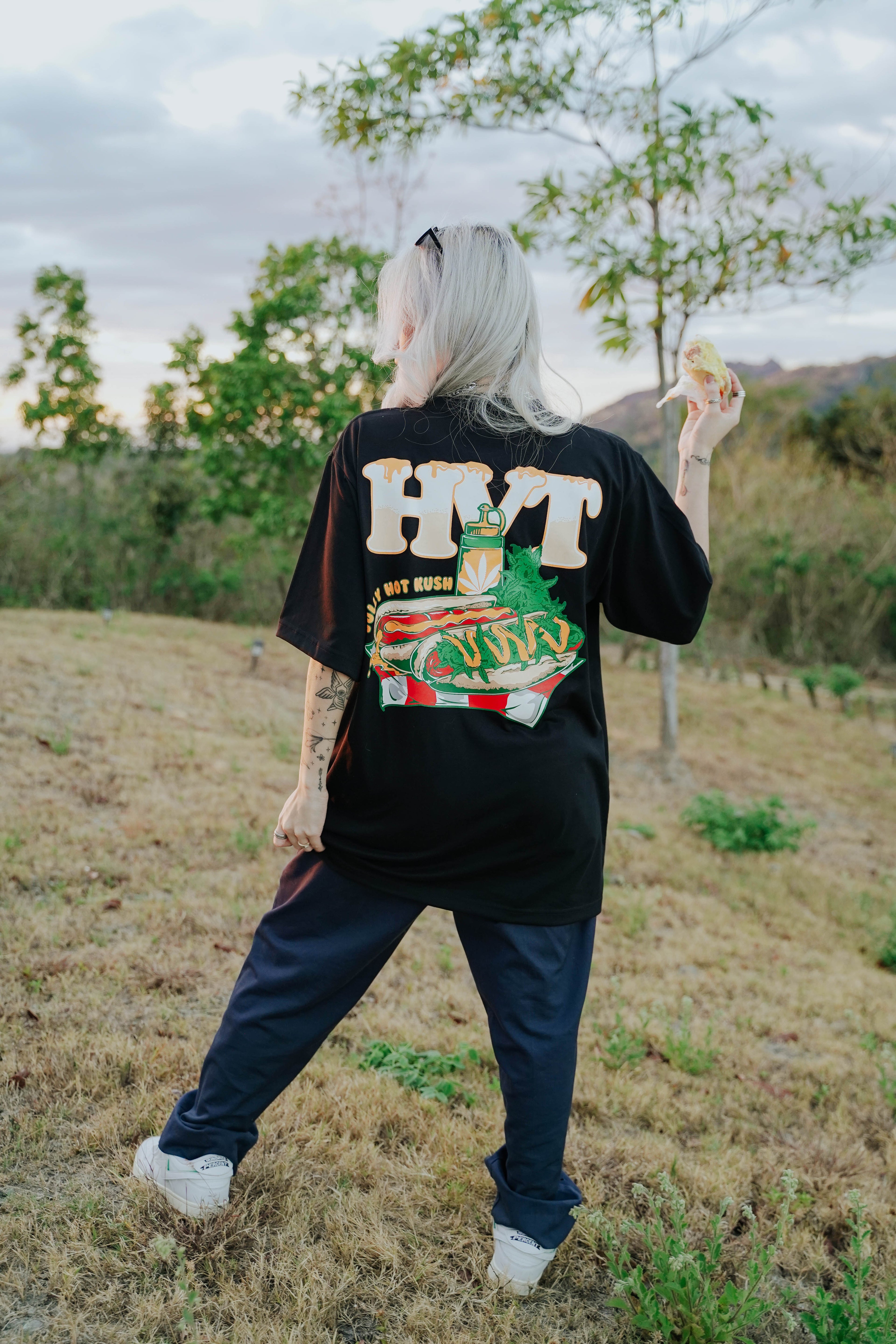 Graphic T shirt with food themed illustration and playful streetwear styling
