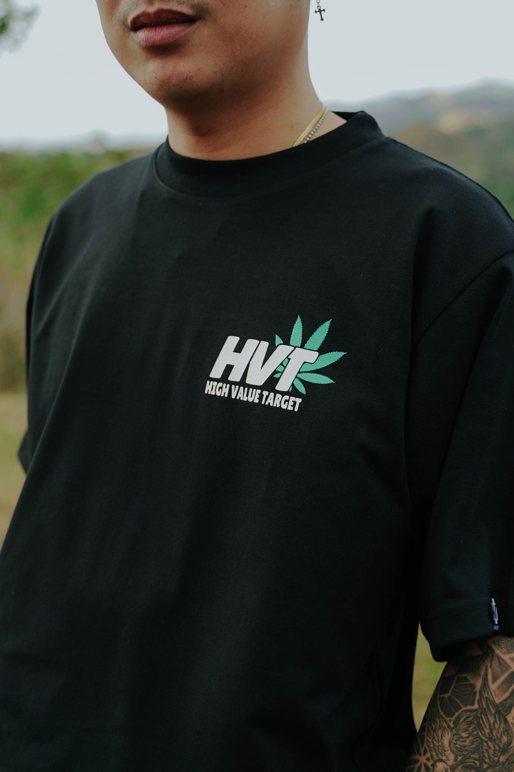 HVT graphic T shirt with bold typography and lifestyle inspired front design