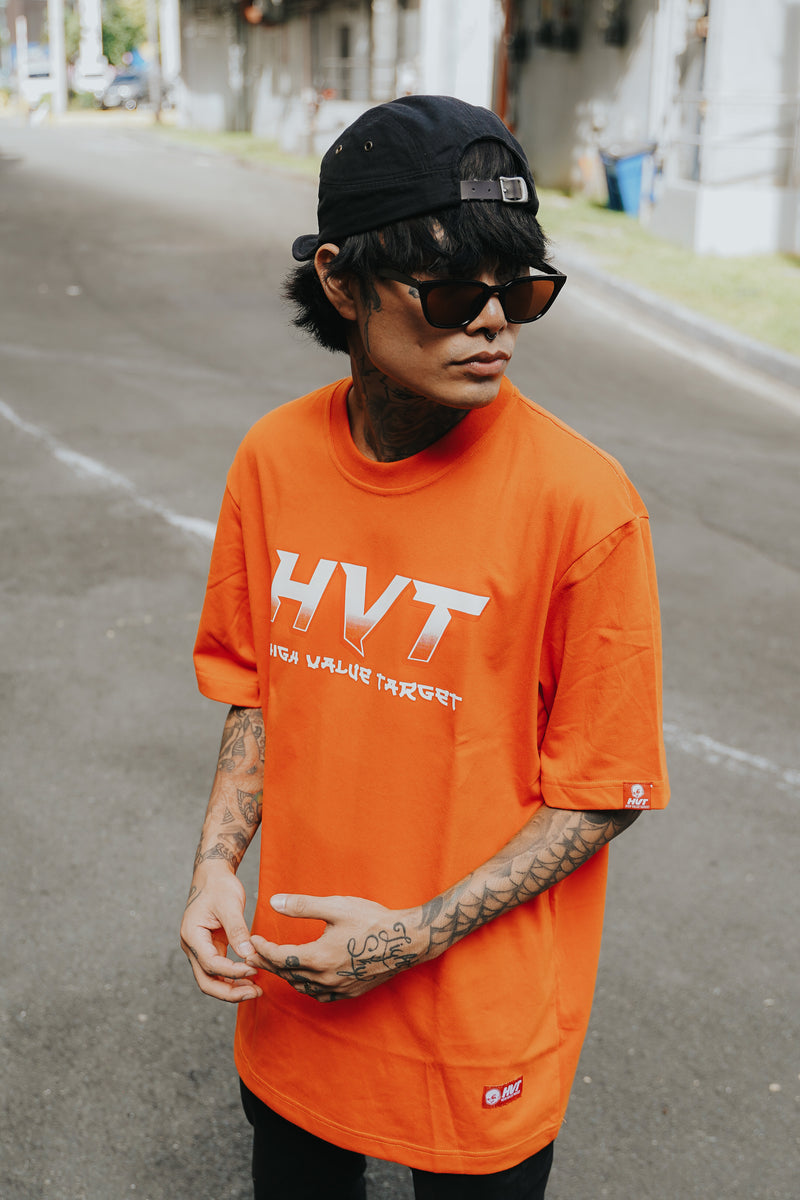 Streetwear T shirt with bold HVT text design for modern casual outfit styling