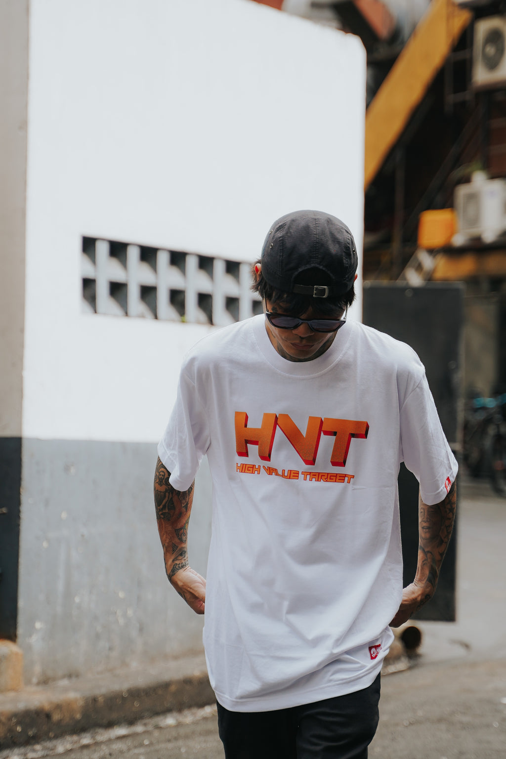 Streetwear T shirt with High Value Target text and minimal front layout