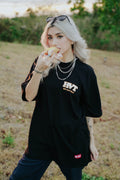 Black streetwear T shirt with HVT text design for modern casual outfit styling