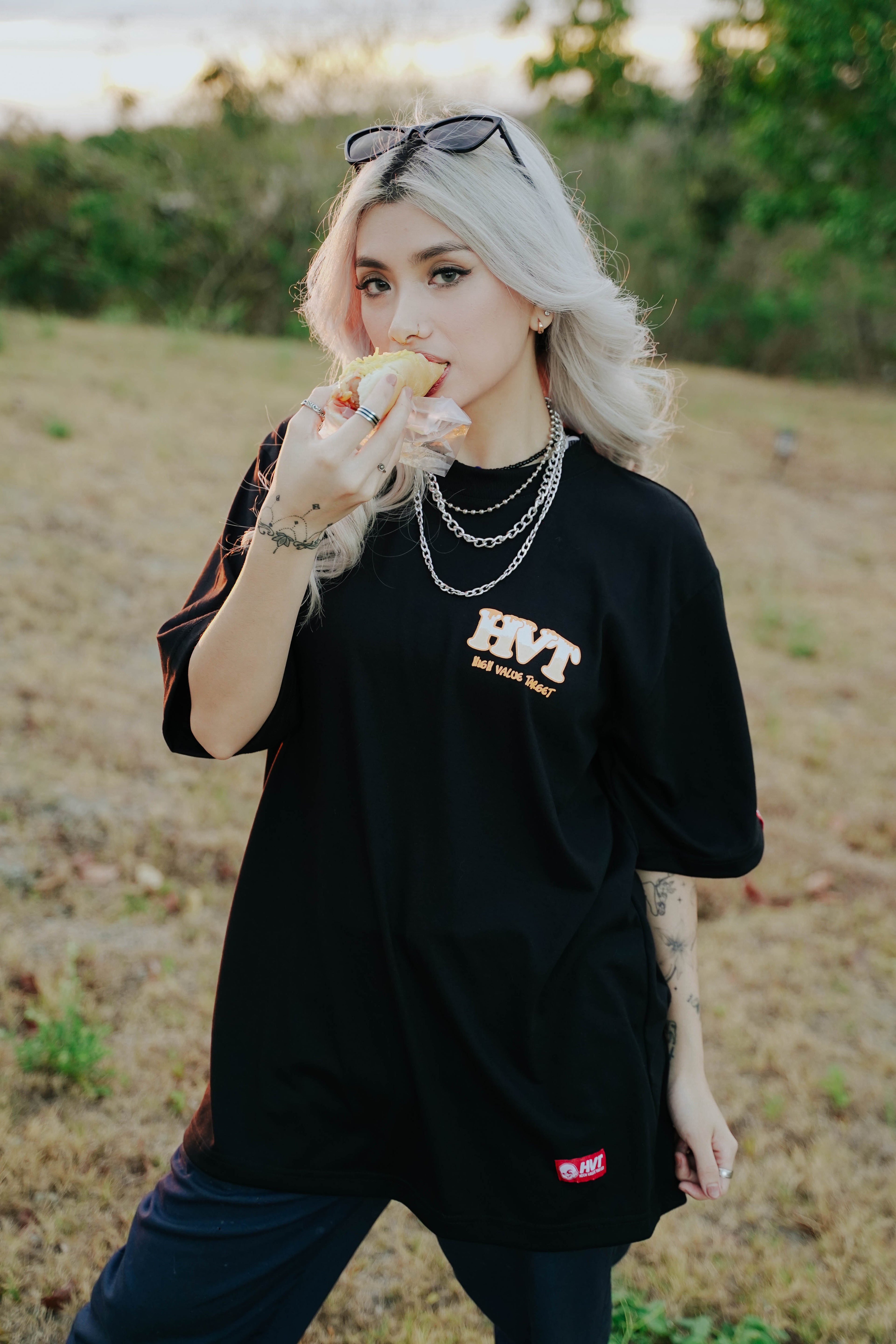 Black streetwear T shirt with HVT text design for modern casual outfit styling