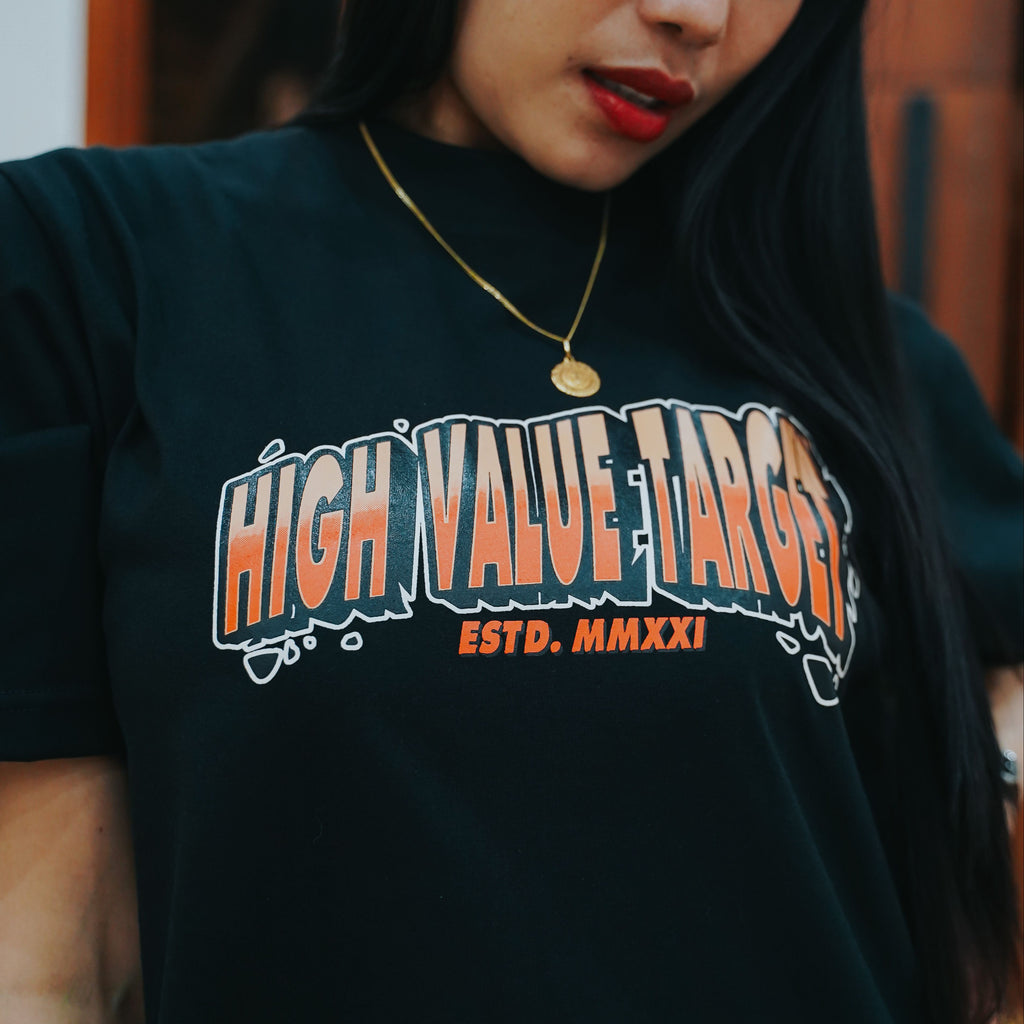 Graphic tee with High Value Target front print and large stylized typography design