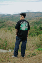 Streetwear tee with storefront artwork and bold typography design layout