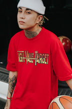 Red HVT graphic T shirt with bold front typography and motivational hustle theme