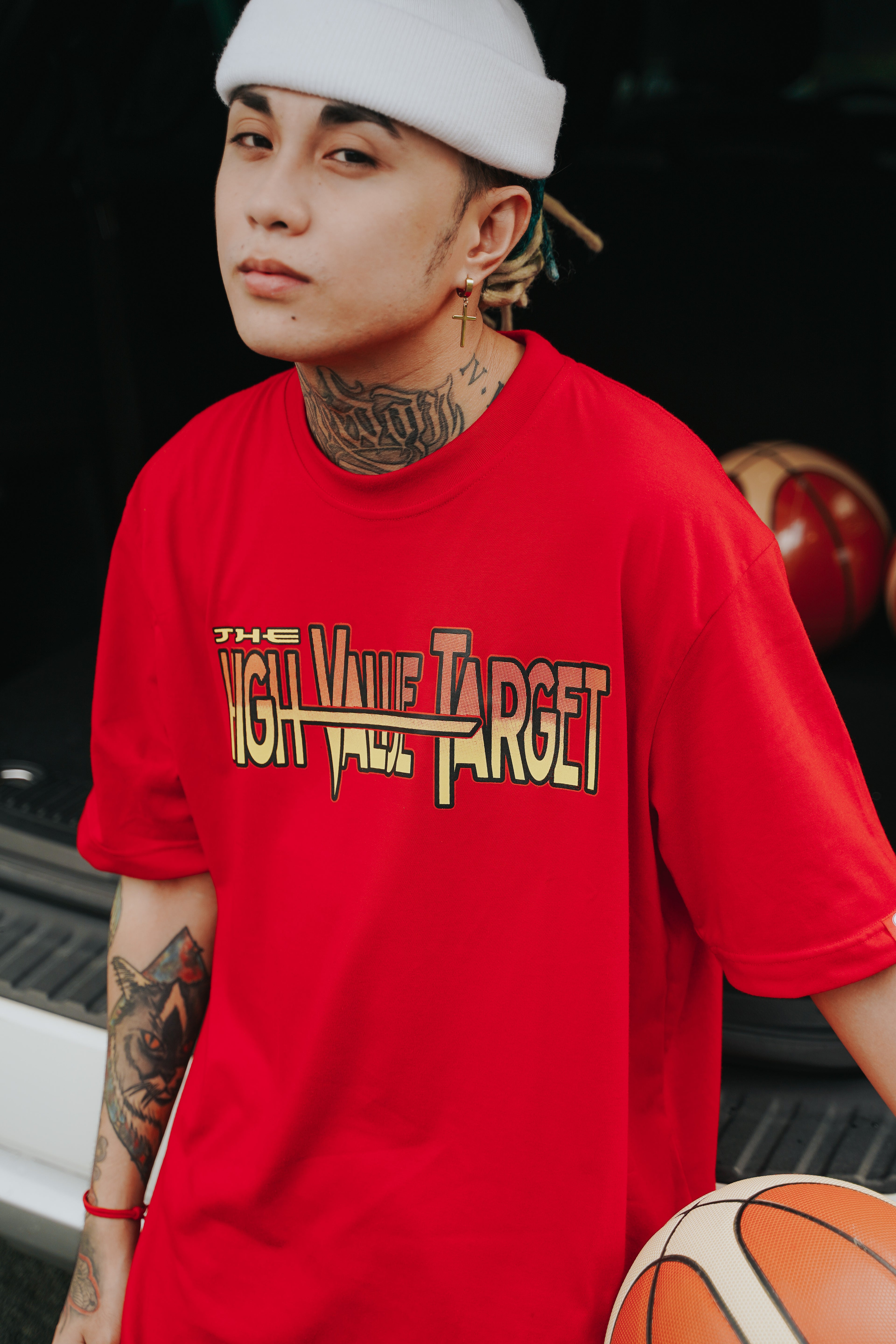 Red HVT graphic T shirt with bold front typography and motivational hustle theme