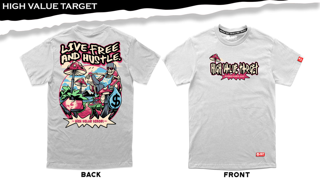 Modern graphic t-shirt with skeleton lounging with cash and mushrooms, Live Free and Hustle themed design