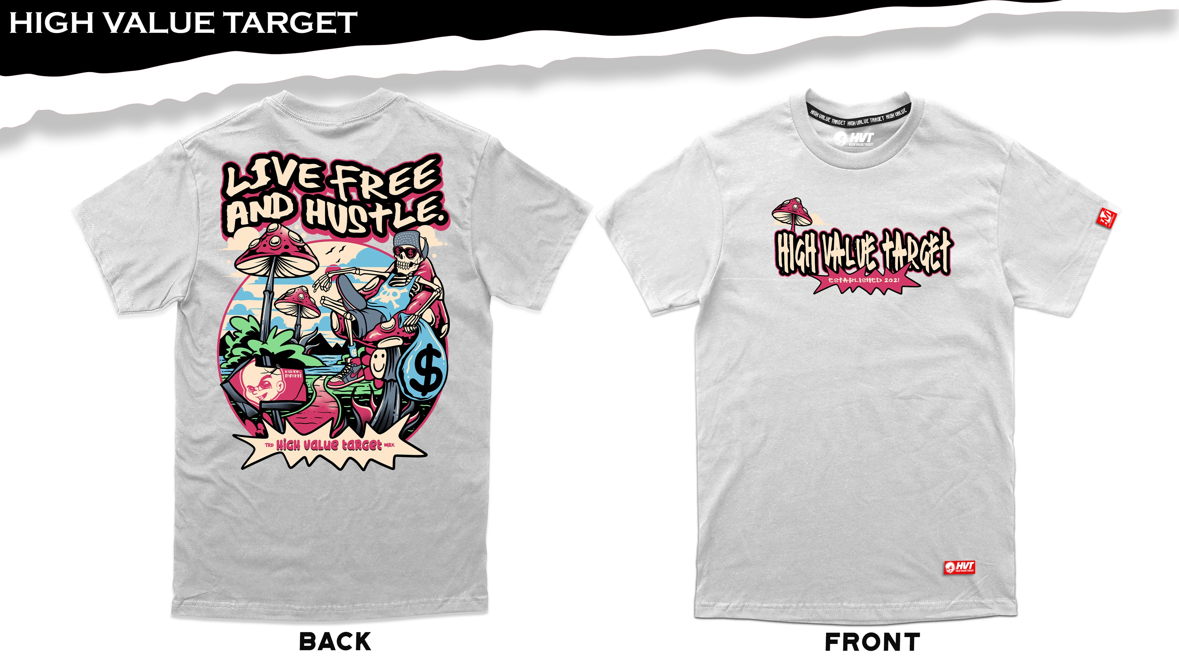 Modern graphic t-shirt with skeleton lounging with cash and mushrooms, Live Free and Hustle themed design