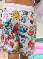 Casual mesh shorts with all over vacation icons and Vacation Mode On text, perfect for warm weather and outdoor wear