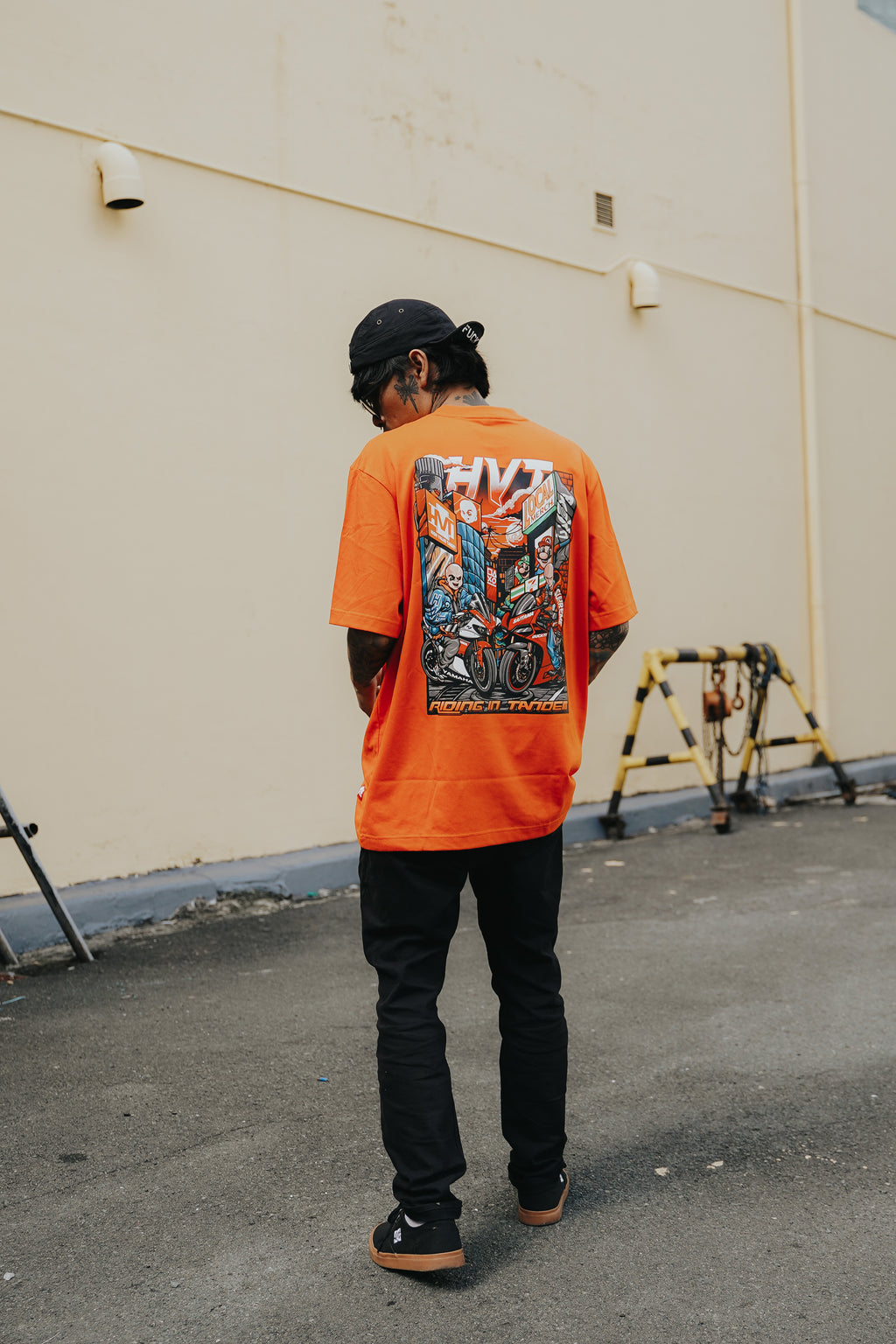 Riding in Tandem tee with urban rider scene and bold streetwear concept