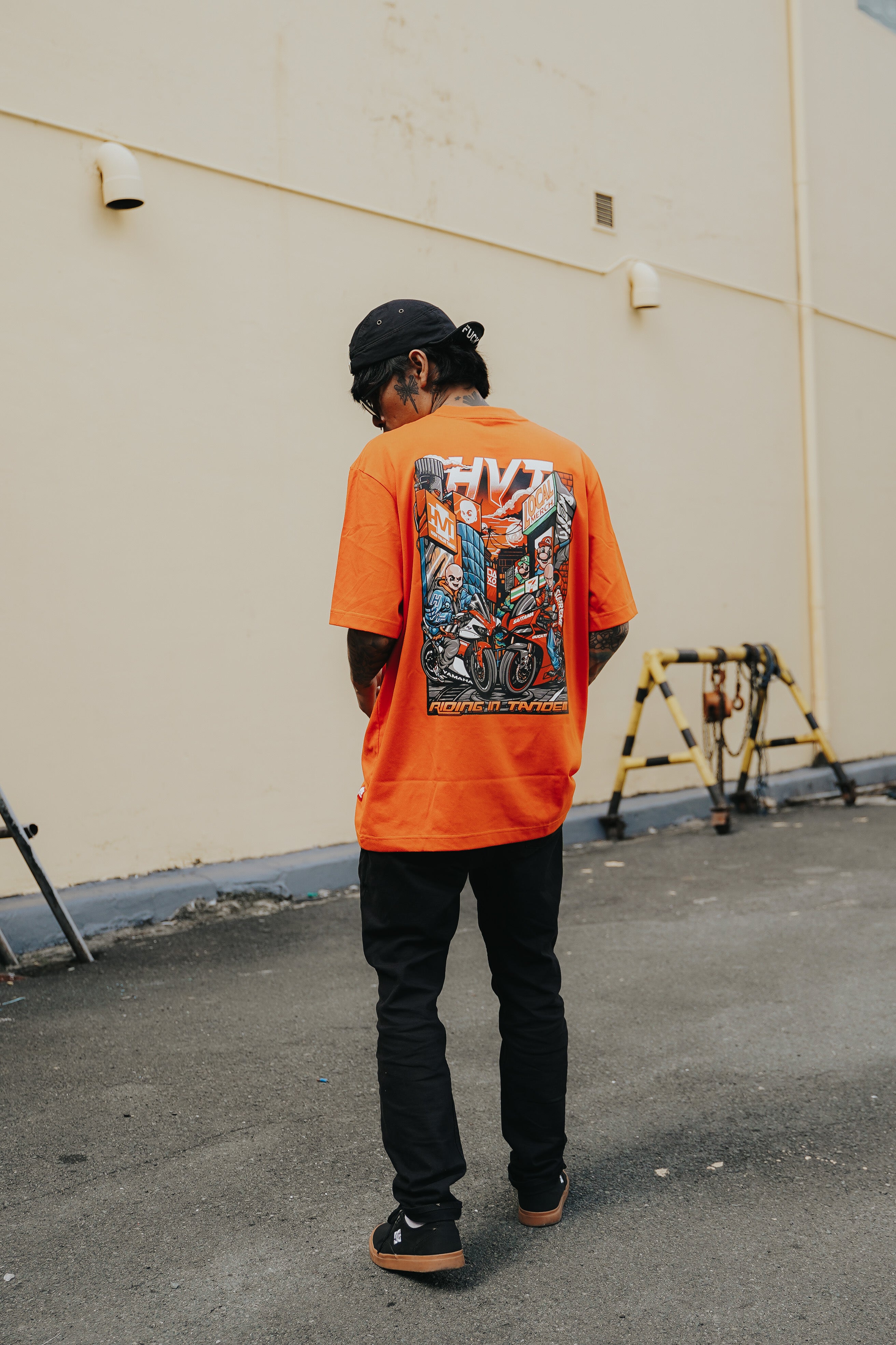 Riding in Tandem tee with urban rider scene and bold streetwear concept