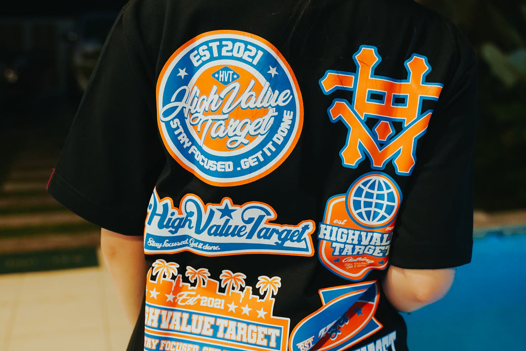 Graphic tee with logo collage design for trendy casual outfit use
