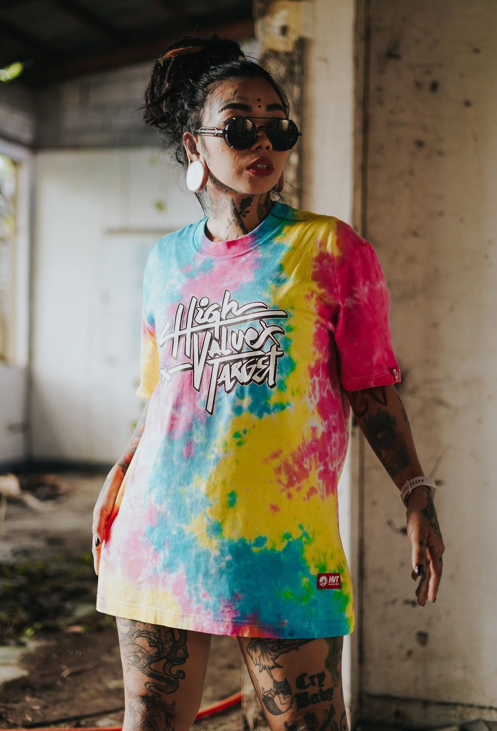 Soft pastel tie dye tee with abstract swirl pattern, modern streetwear fashion piece with vibrant color blend