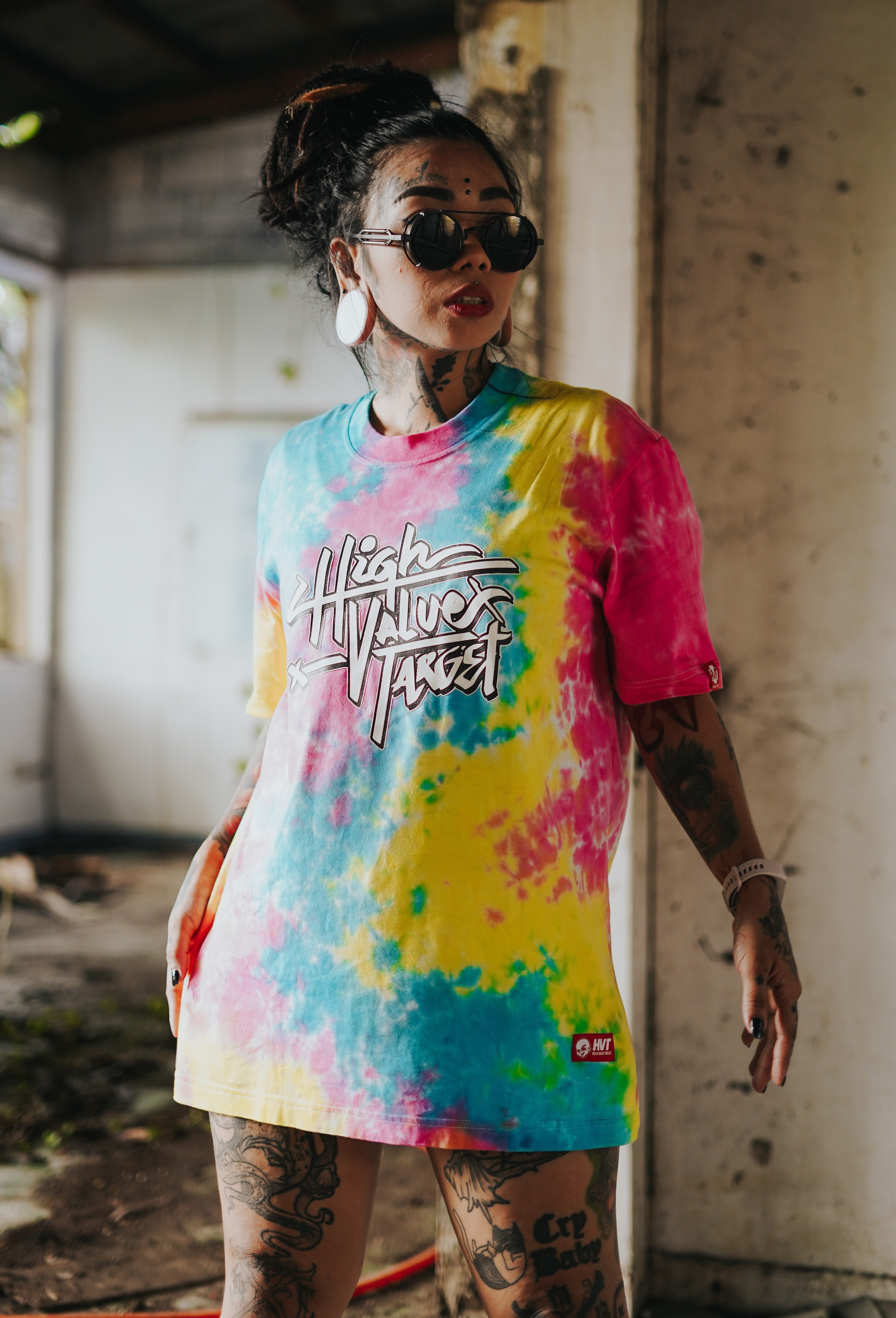 Soft pastel tie dye tee with abstract swirl pattern, modern streetwear fashion piece with vibrant color blend