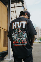 Graphic shirt showing anime-inspired group at table with piles of cash, modern streetwear style back design