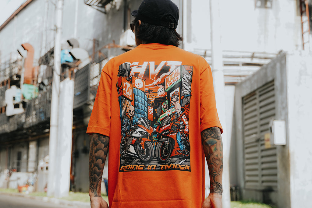 Riding in Tandem T shirt with anime style bald biker duo and HVT character concept