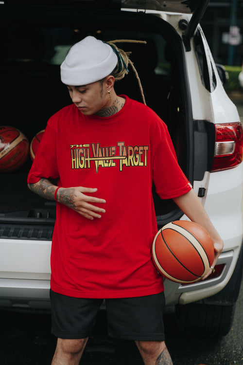Red streetwear T shirt with Rise and Grind theme and bold typography for everyday outfit style
