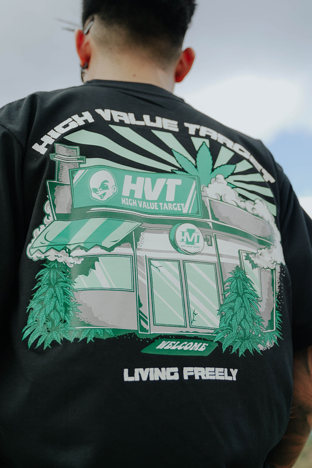 House of High T shirt with illustrated storefront graphic and bold streetwear design