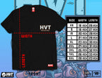 Oversized black t-shirt with HVT high value target logo printed on chest, clean minimal front graphic design