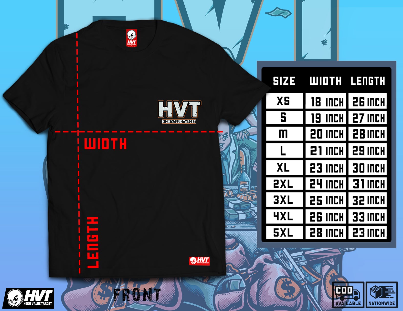 Oversized black t-shirt with HVT high value target logo printed on chest, clean minimal front graphic design