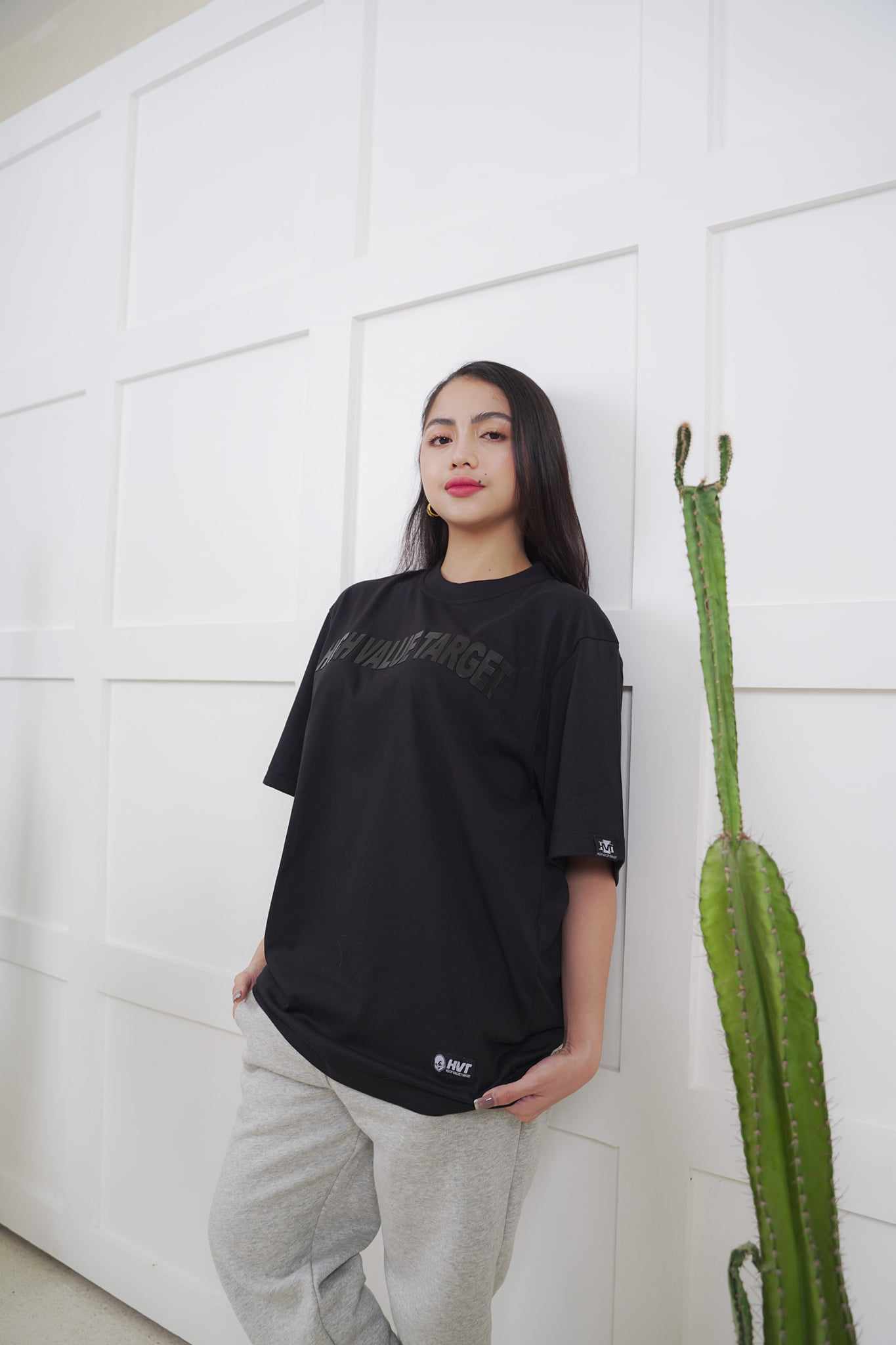 Black Black on Black T shirt with embossed HVT style text and tonal design