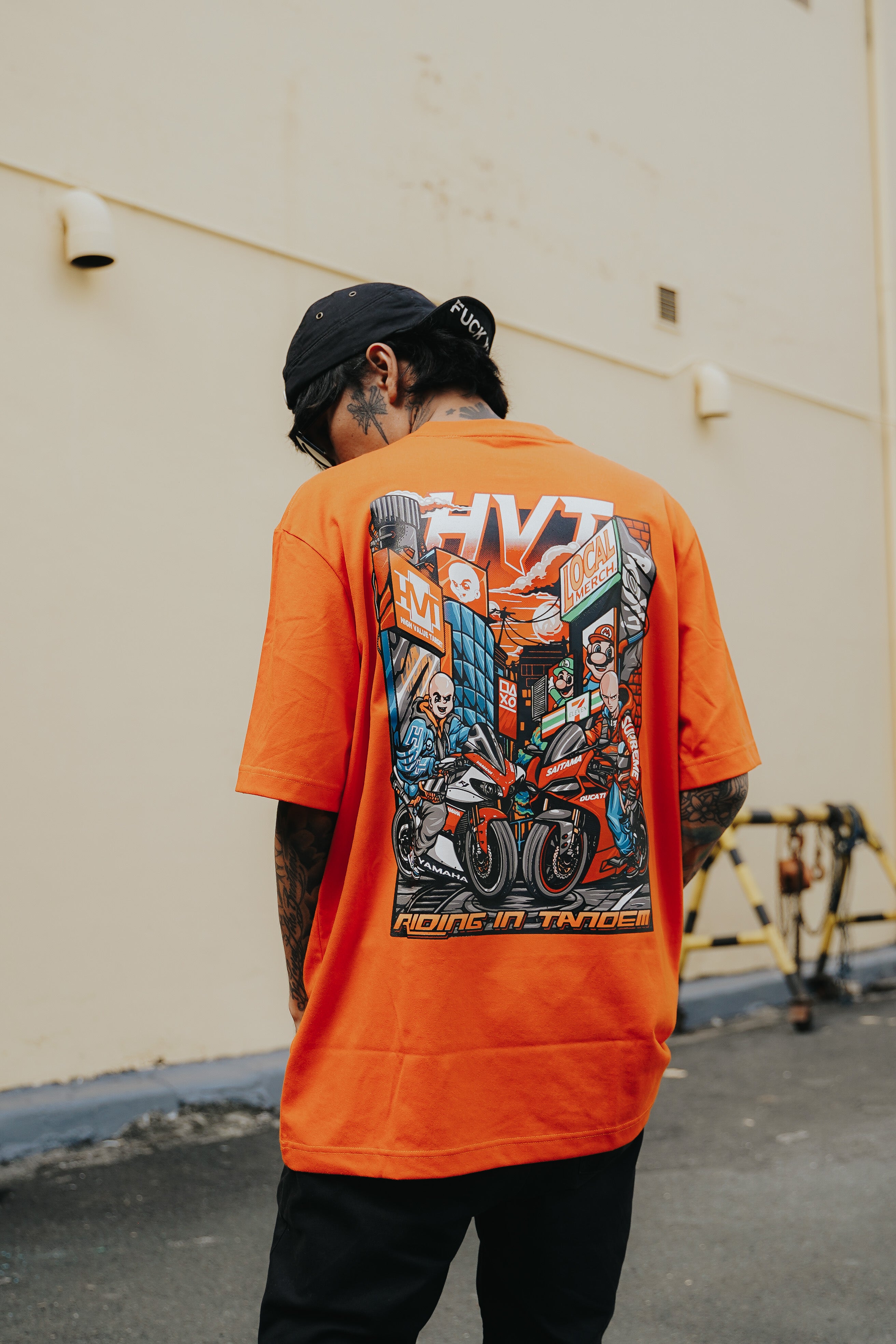 Streetwear T shirt with animated biker characters and city themed graphic design