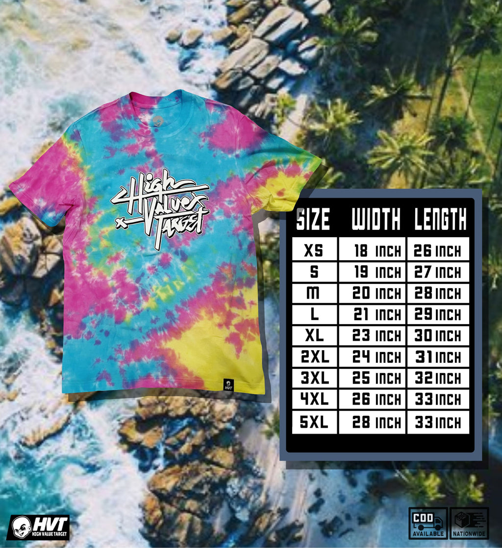 Tie dye t-shirt size chart showing chest width and body length measurements in inches for accurate sizing guide