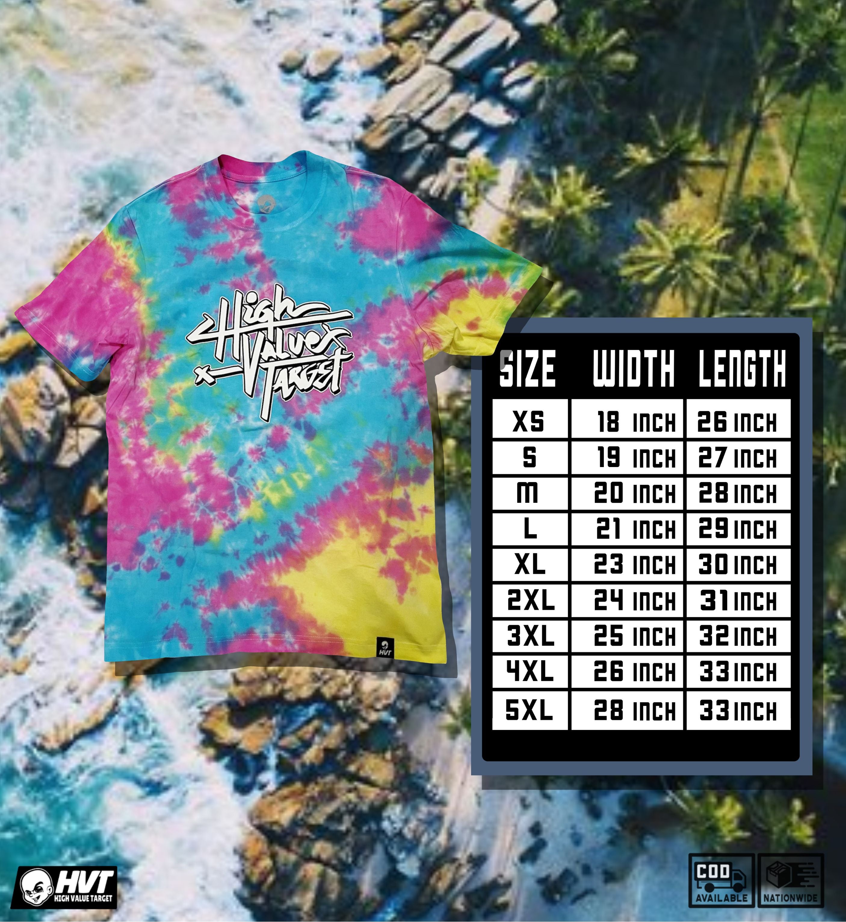 Tie dye t-shirt size chart showing chest width and body length measurements in inches for accurate sizing guide