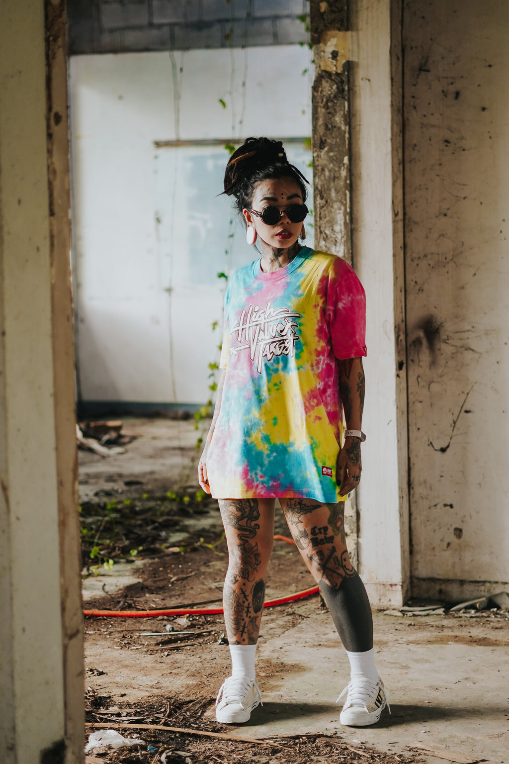 Vibrant pastel tie dye t-shirt with smooth color transitions, modern casual streetwear outfit with bold pattern
