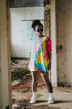 Vibrant pastel tie dye t-shirt with smooth color transitions, modern casual streetwear outfit with bold pattern