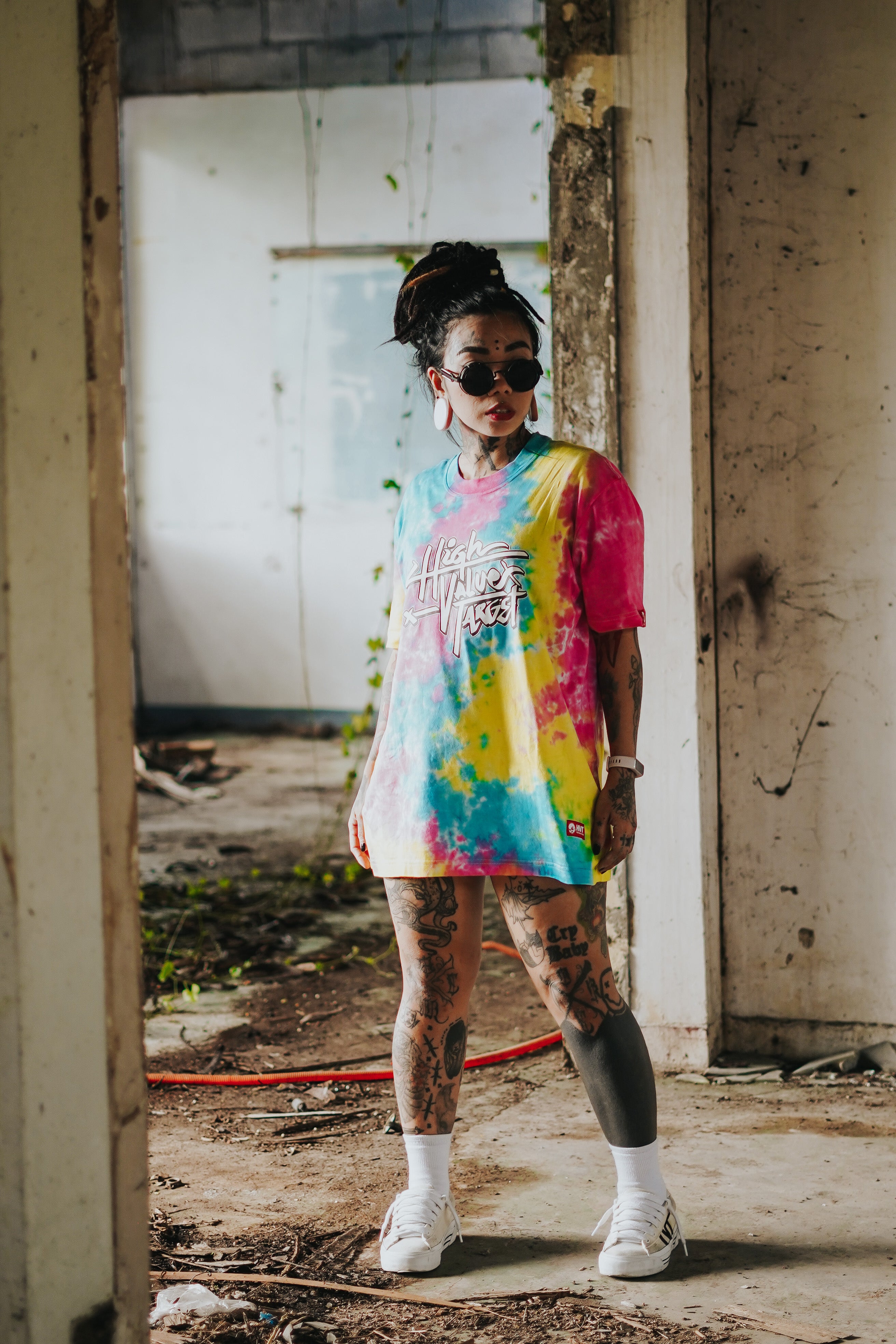 Vibrant pastel tie dye t-shirt with smooth color transitions, modern casual streetwear outfit with bold pattern