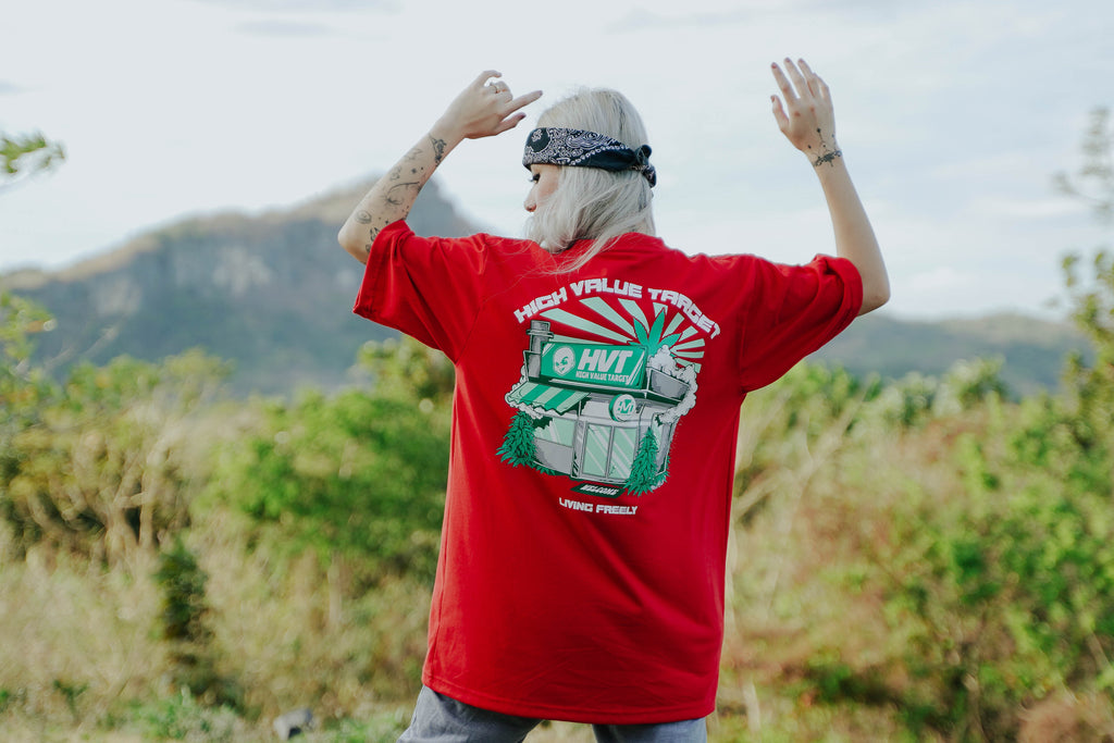 Streetwear T shirt with storefront artwork and bold typography design layout