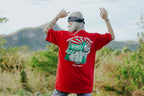 Streetwear T shirt with storefront artwork and bold typography design layout