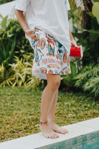 All over print mesh shorts featuring Vacation Mode On theme with holiday icons, lightweight design for warm weather comfort
