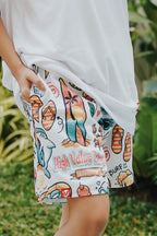Modern mesh shorts with Vacation Mode On design and assorted getaway icons, comfortable summer fashion piece