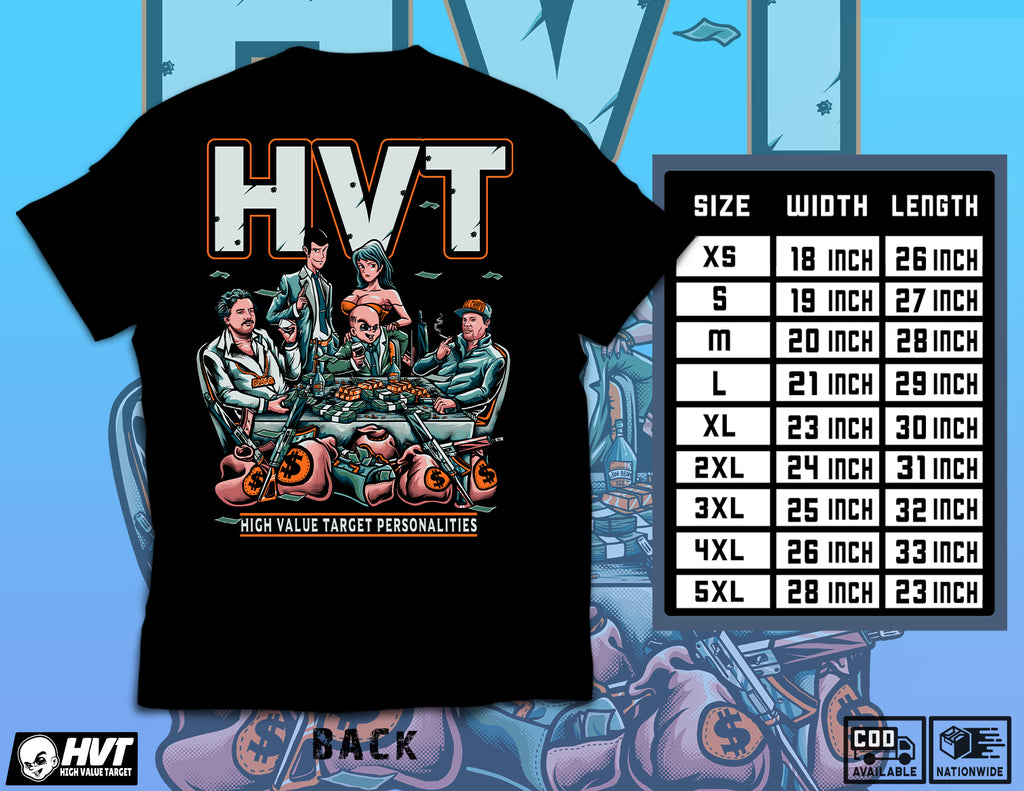 Streetwear graphic tee featuring anime characters and cash stacks at table scene, bold illustrated back artwork
