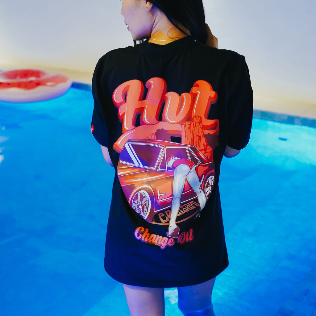 Change Oil T shirt with woman leaning into car and bold automotive graphic design
